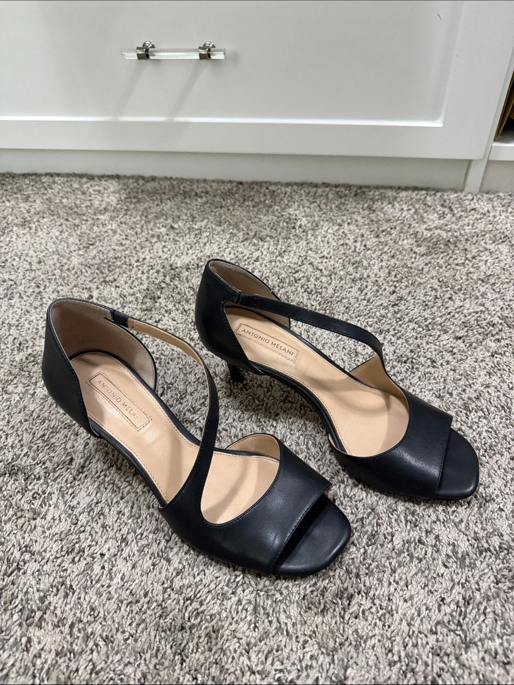 ANTONIO MELANI Black Leather Crisscross Open-Toe Heels